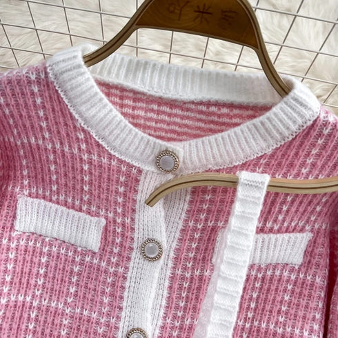 Elegant Plaid Round Neck Soft Knitted Cardigan Sweater with Tank Top Set